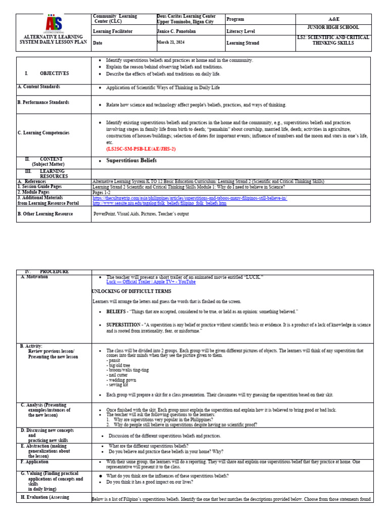 Filipino Superstitions Lesson Plan | PDF | Superstitions | Luck