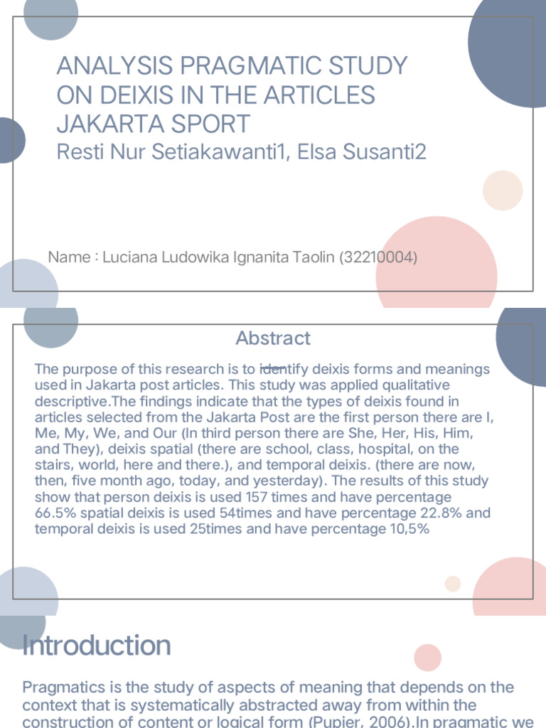 Analysis Pragmatic Study On Deixis in The Articles Jakarta Sport | PDF ...
