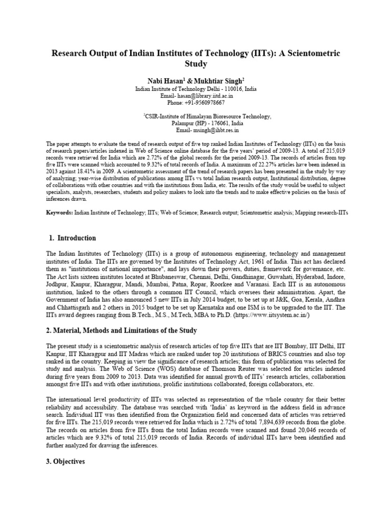 IITs Research Output: A Scientometric Study | PDF | Science ...
