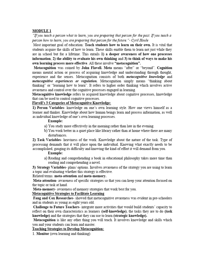 Module 1 To 9 | PDF | Learning | Metacognition