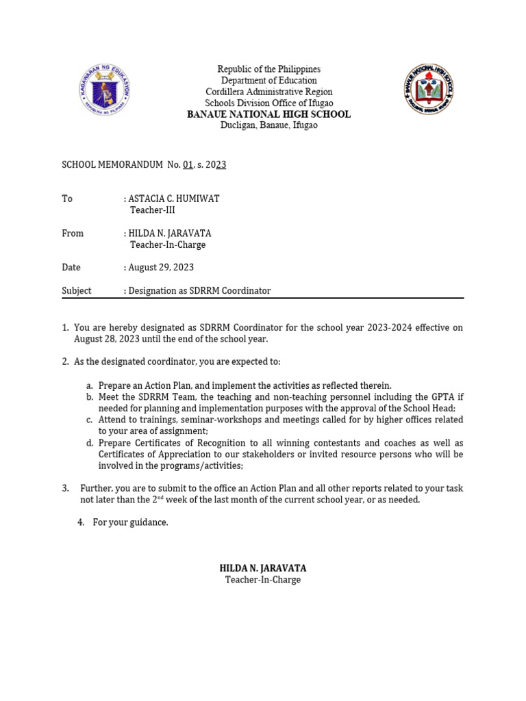 SDRRM Coordinator Designation Memo | PDF