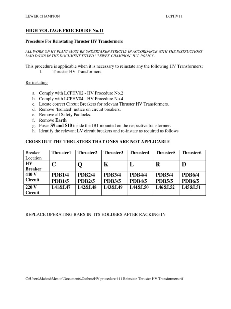 HV Procedures by MKMenon | PDF | Fuse (Electrical) | Transformer
