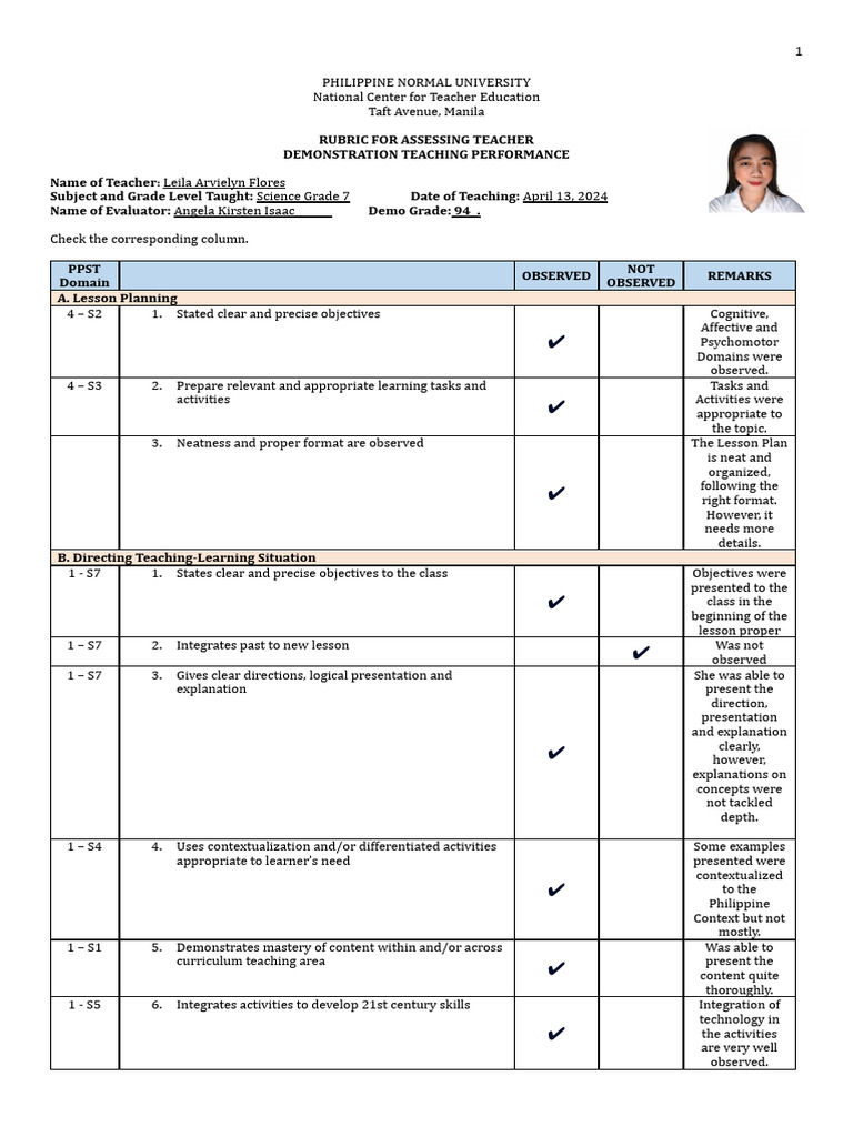 Isaac Demo Teaching Rubric Form | PDF | Learning | Rubric (Academic)