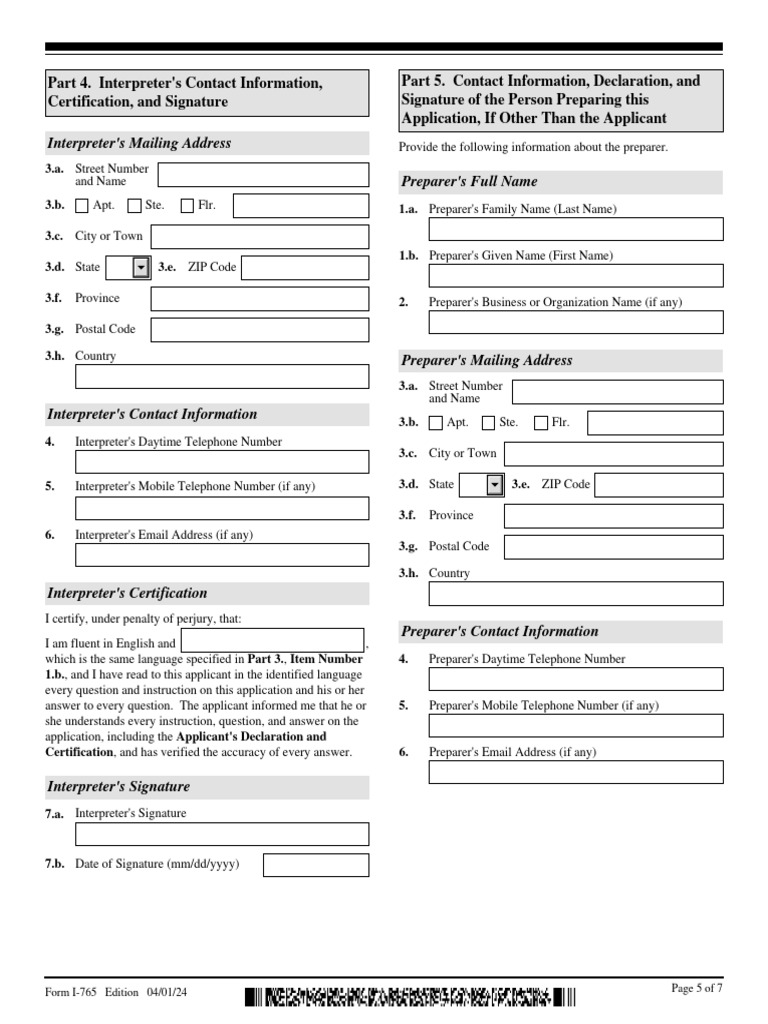 I-765 Interpreter and Preparer Info | PDF | Zip Code | Computing