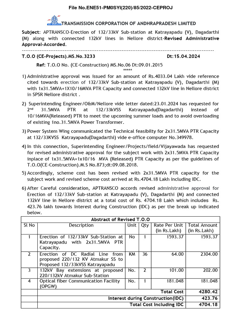 Subject: APTRANSCO Administrative Approval-Accorded.: Transmission ...