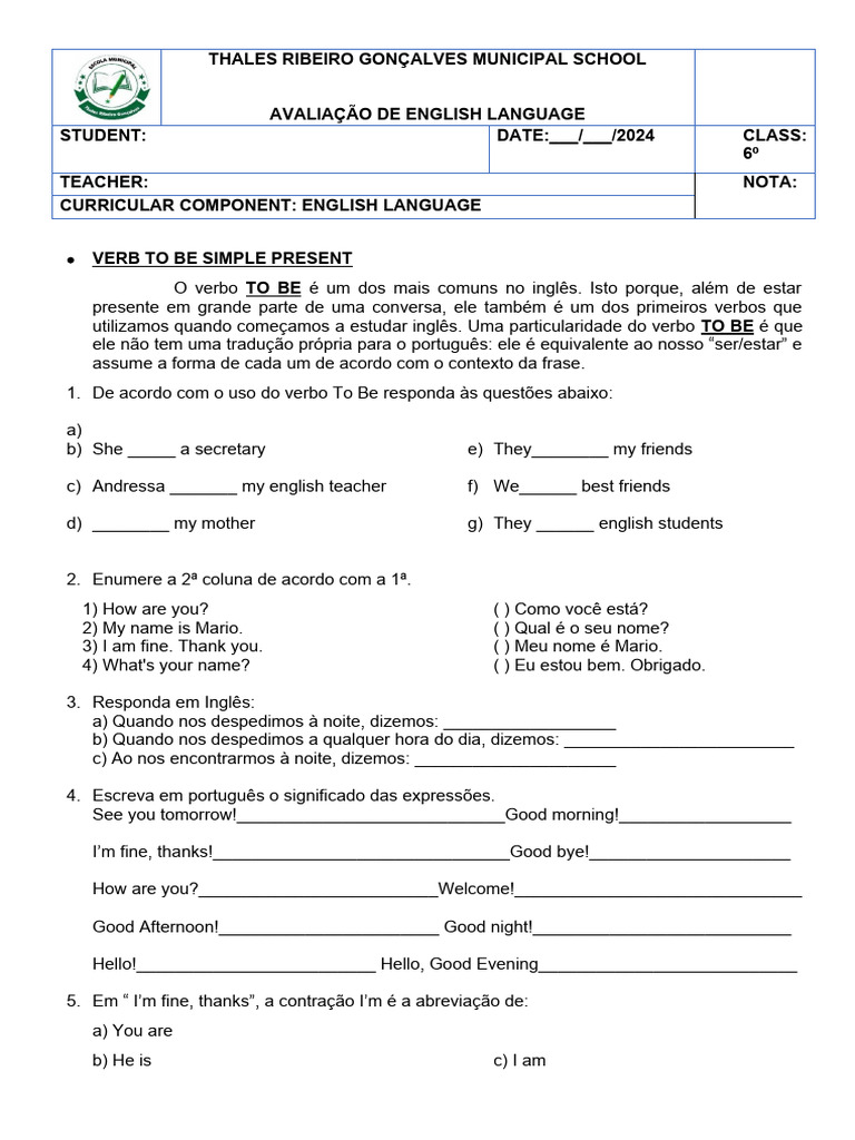 Avaliação de Ingles 6 Ano | PDF