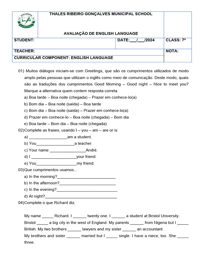 Avaliação de Ingles 7 Ano | PDF