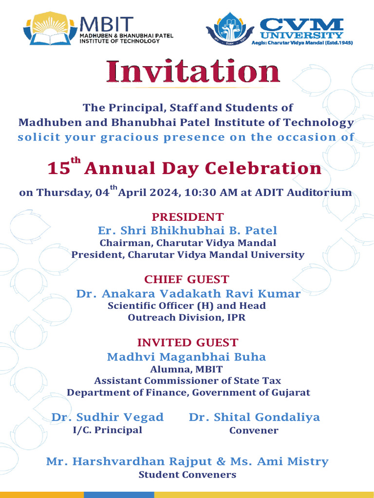 15th Annual Day Celebration Invitation | PDF