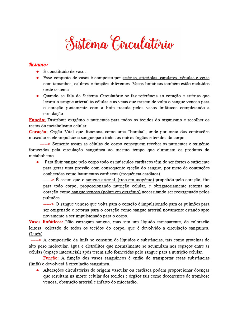 Resumo Sistema Circulatório Pdf Sistema Circulatório Artéria