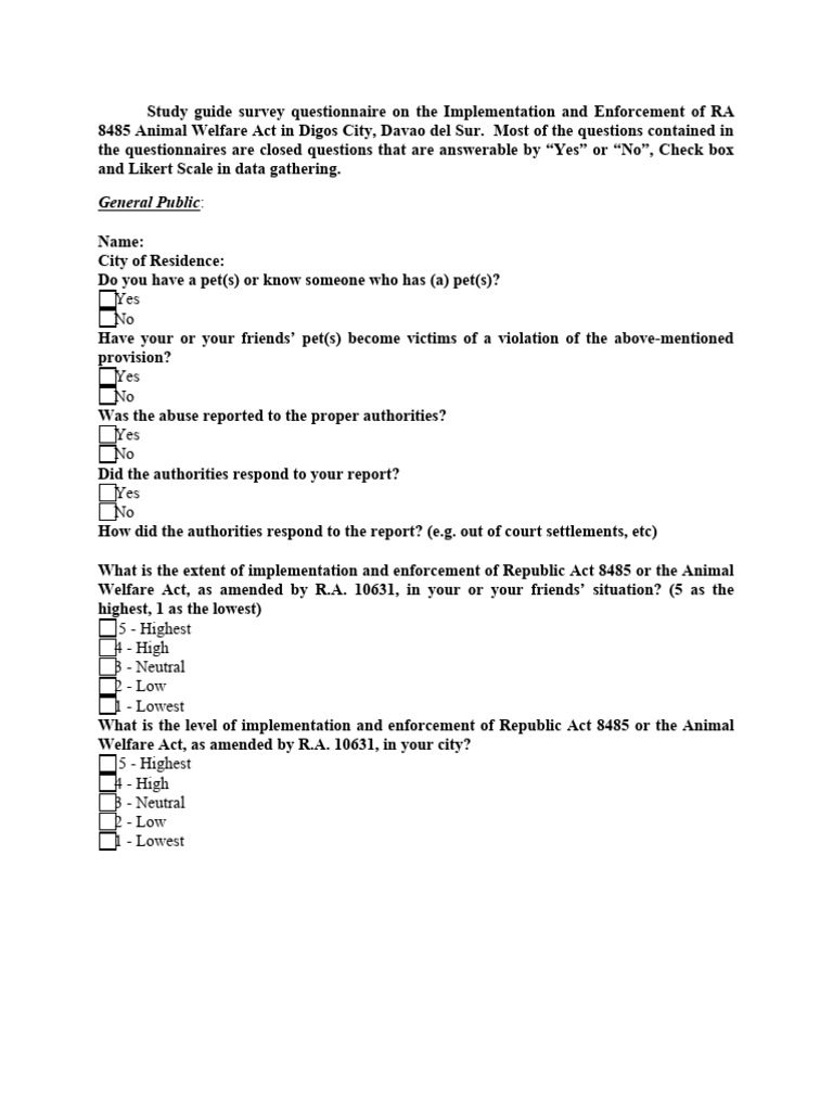 RA 8485 Animal Welfare Survey Guide | PDF | Cruelty To Animals ...