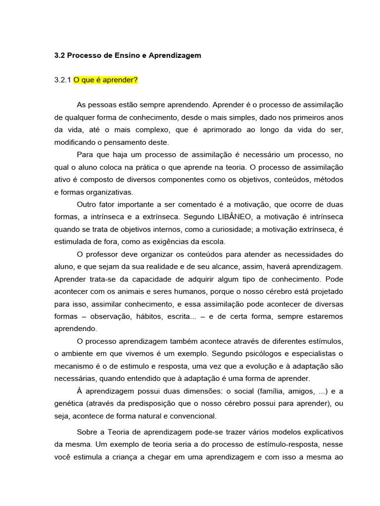 Processo de Ensino e Aprendizagem | PDF | Aprendizado | Conhecimento