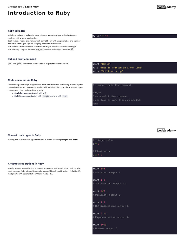 Learn Ruby - Introduction To Ruby Cheatsheet - Codecademy | PDF | Data ...