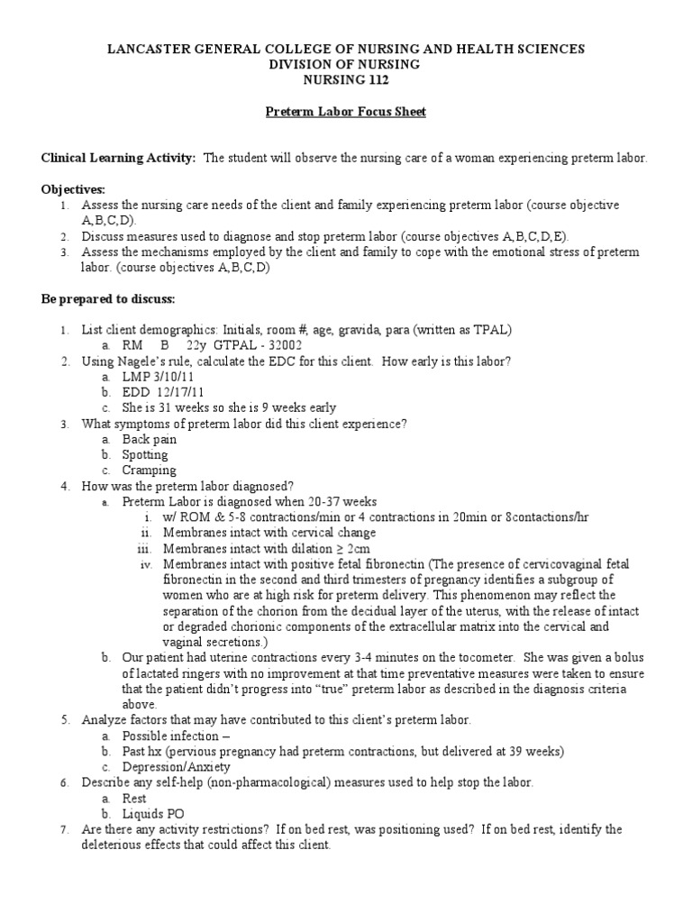 Preterm Labor Focus Sheet | PDF | Childbirth | Preterm Birth