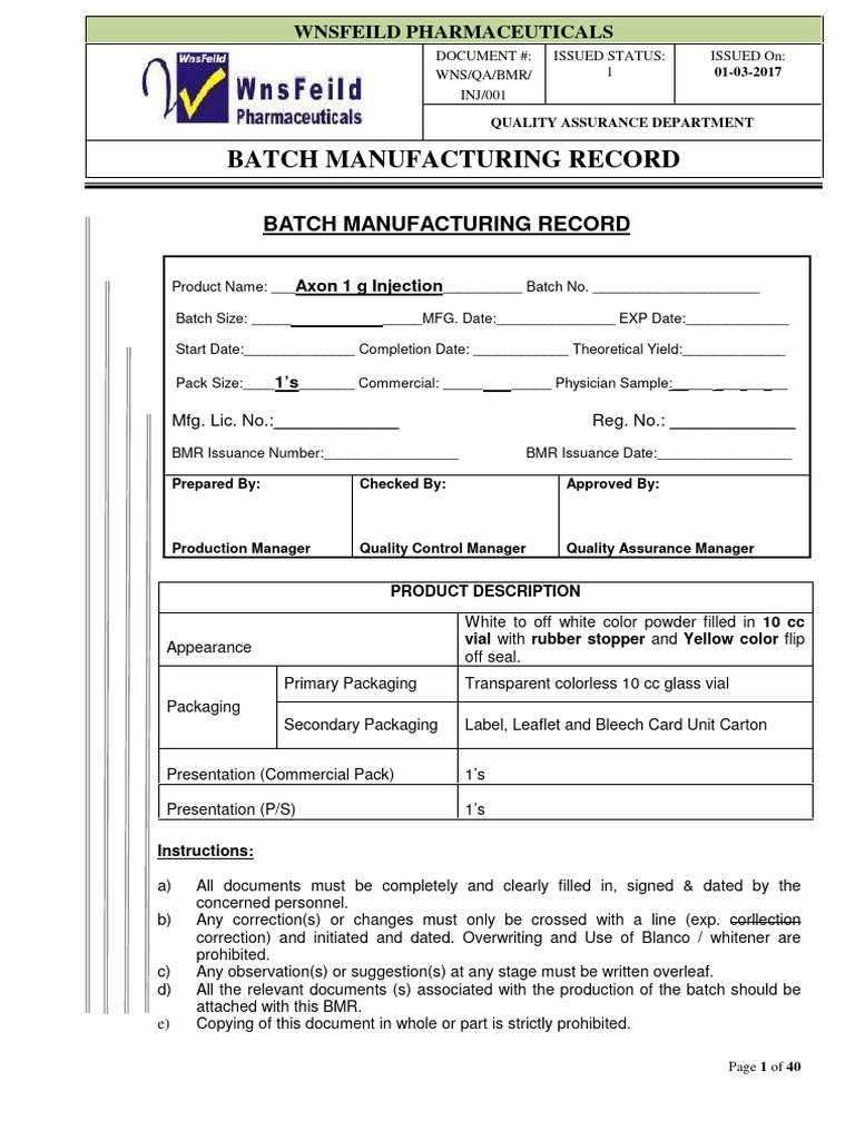 Axon 1g Injection Batch Record | PDF | Quality Assurance ...