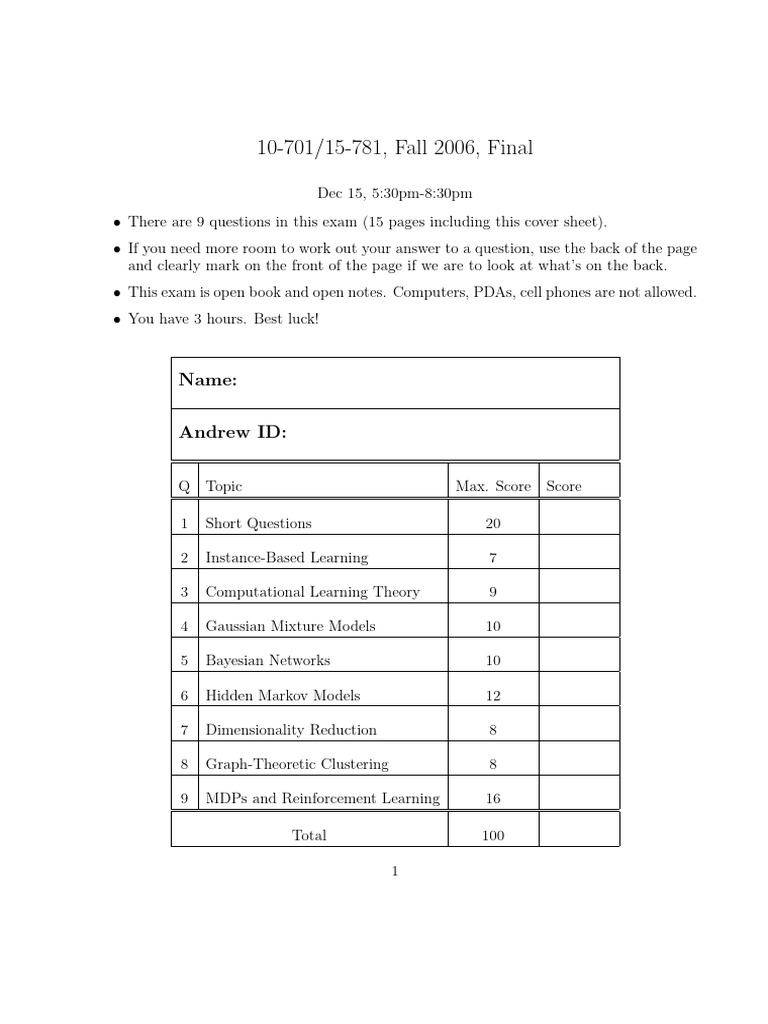 Final 2006 | PDF | Bayesian Network | Principal Component Analysis