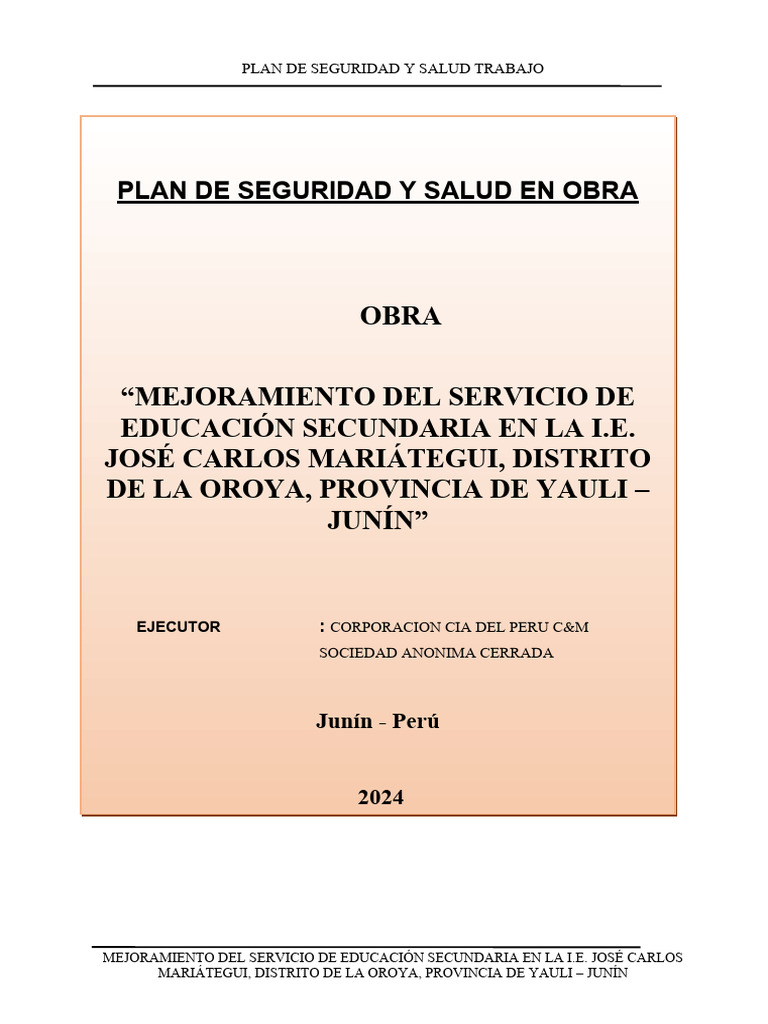 Plan de Seguridad y Salud de La Obra Yauli | PDF | Valores | Calidad ...