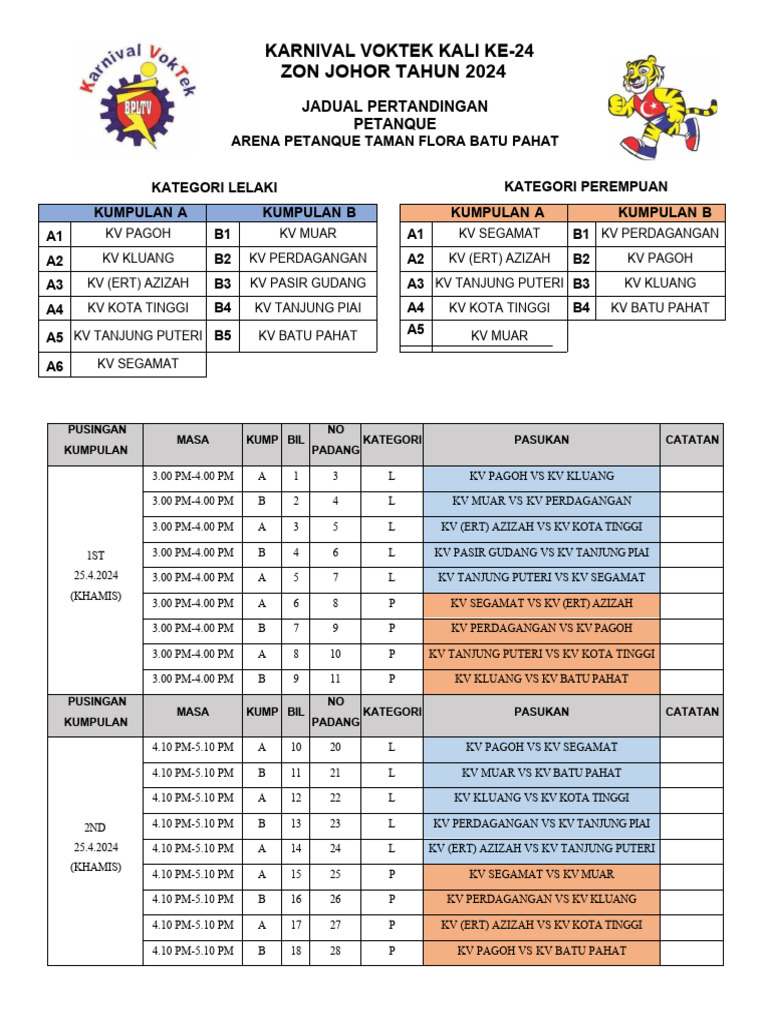 Jadual Petanque Voktek 2024 DETAIL | PDF
