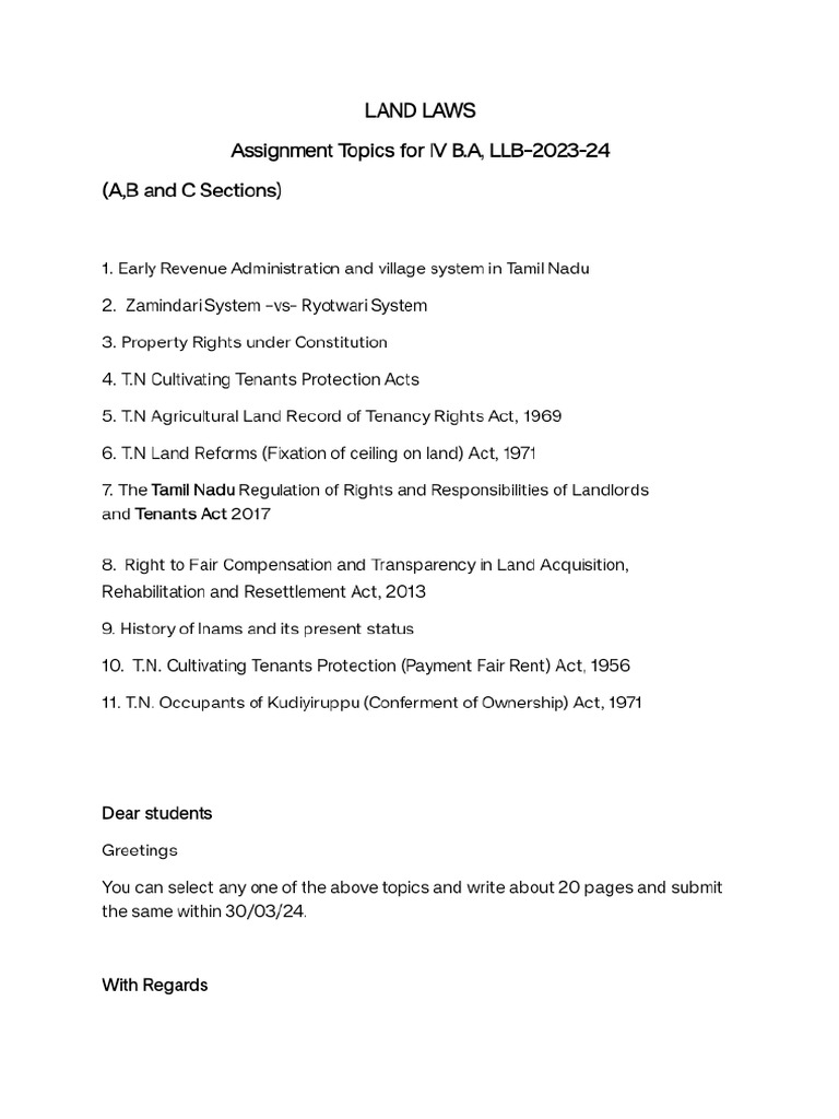 Assignment Topics For IV BA Land Laws PDF