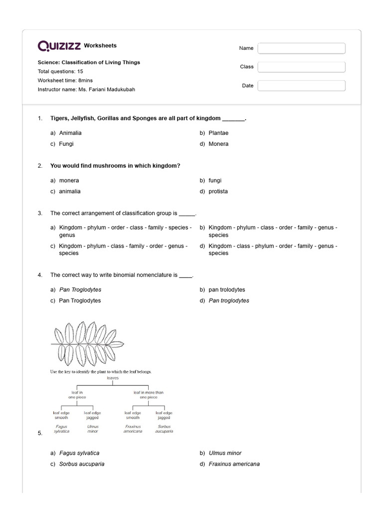 Science Classification of Living Things Quizizz Download Free PDF