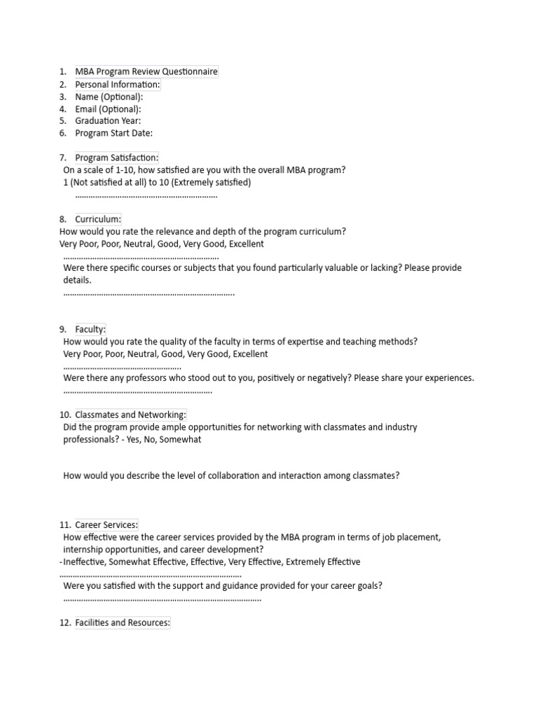 MBA Program Evaluation Questionnaire | PDF | Learning | Master Of ...