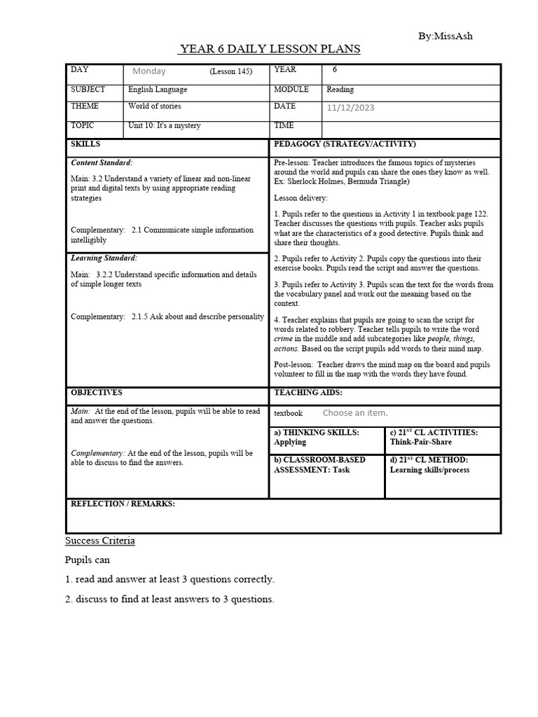 Year 6 daily lesson plans by missash pdf teachers lesson plan