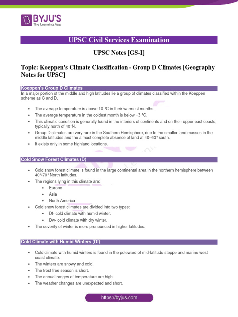 Koeppens Climate Classification Group D Climates Geography Notes For ...