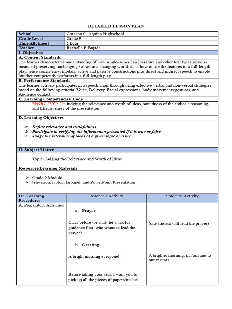 Grade 9 Lesson Plan on Relevance | PDF | Human Communication