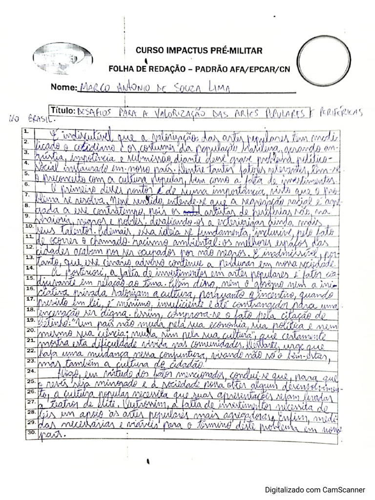 22 Redação. Tema Os Desafios para A Valorização Das Artes Populares e ...