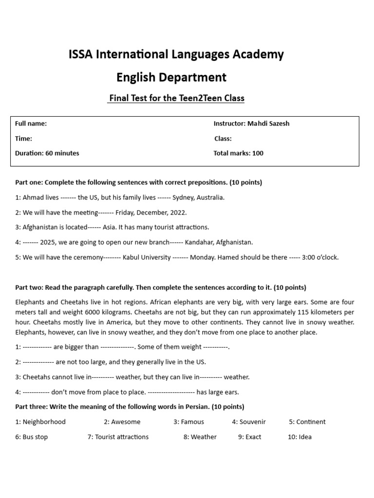 Teen2Teen Class Final Exam Overview | PDF | Linguistics | Languages