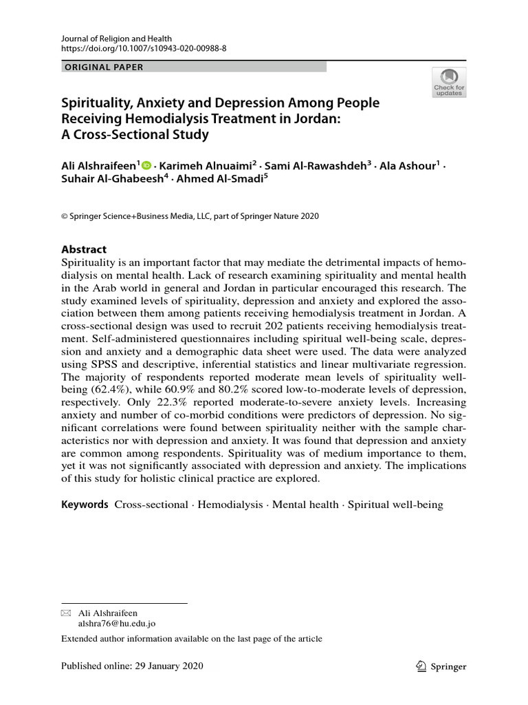 Spirituality and Mental Health in Hemodialysis | PDF | Chronic Kidney ...