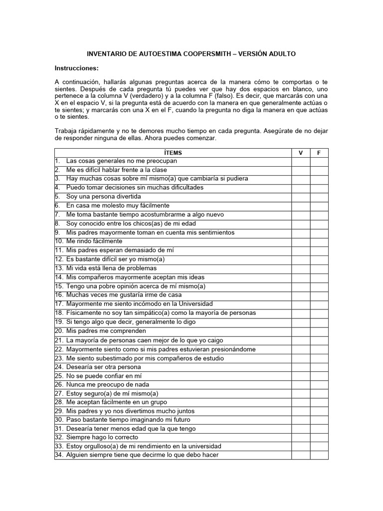 Inventario de Autoestima Coopersmith Adulto | PDF | Autoestima ...