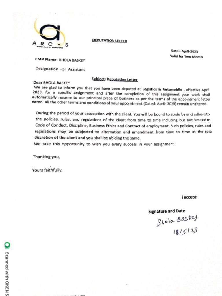 Deputation Letter Arcos Bhola - Baskey | PDF