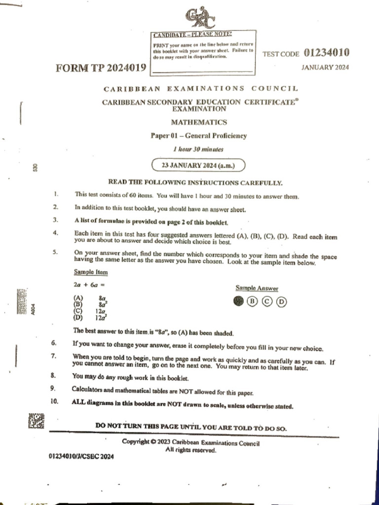 Csec Maths Jan 2024 p1 PDF