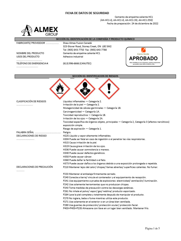 Cemento de empalme caliente HC1_Shaw Almex Fusion Canadá_FDS PDF