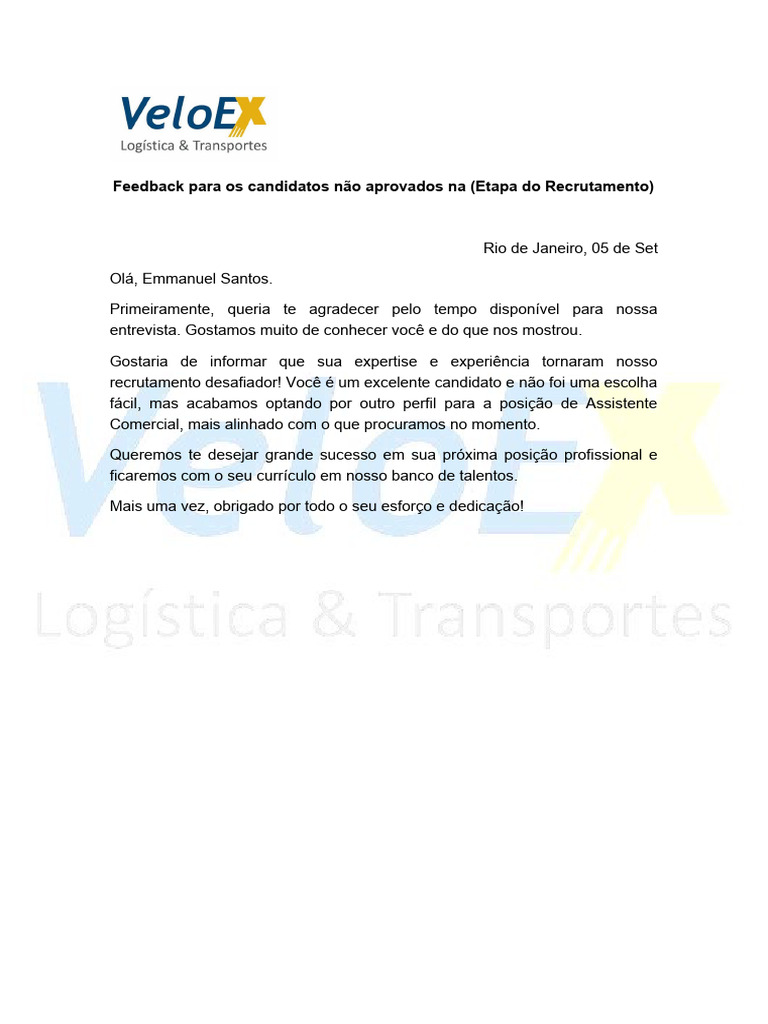 Feedback para Candidatos Não Selecionados | PDF