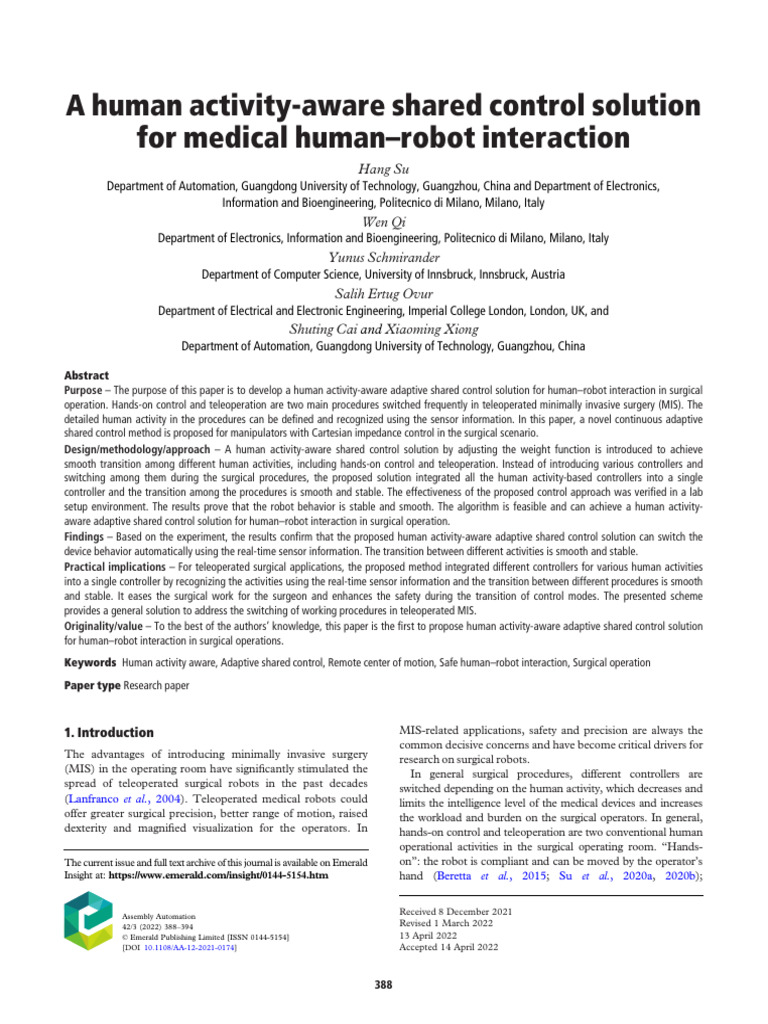 Human Activity-Aware Control in Surgery | PDF | Robot | Robotics