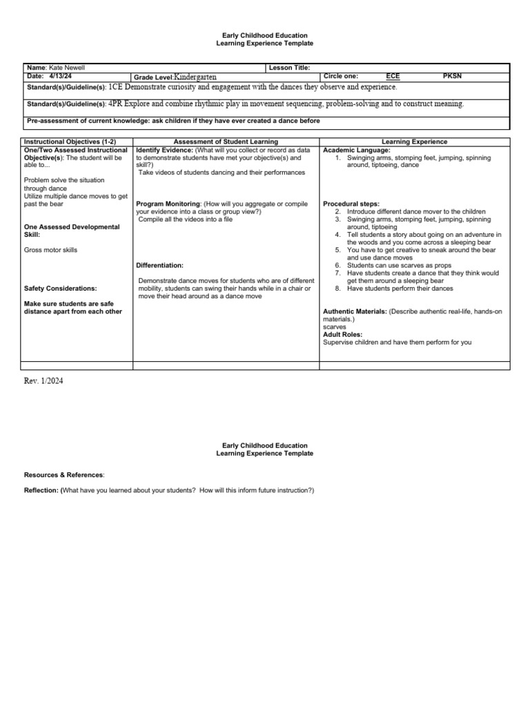 Dance Adventure Lesson Plan | PDF | Early Childhood Education | Learning