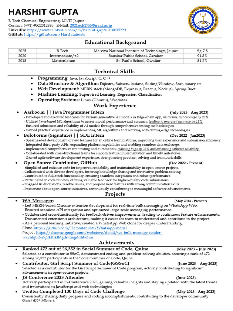 Harshit Gupta: B.Tech in Chemical Engineering, Skills & Experience ...