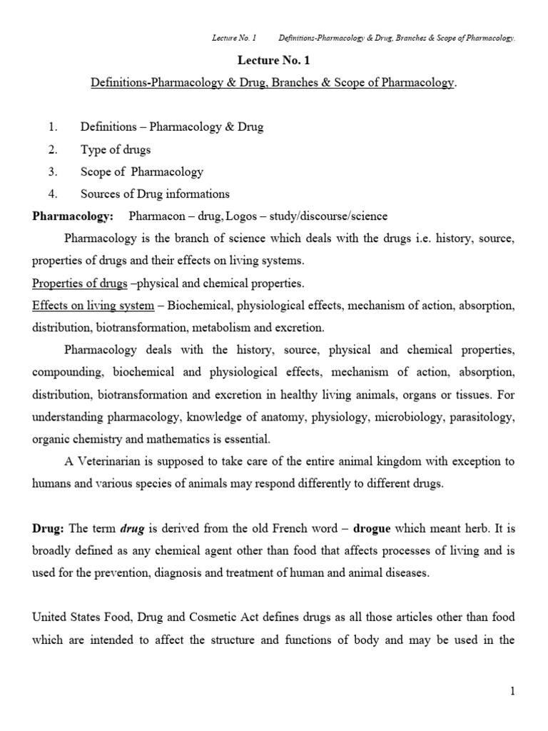 Lecture No 1 Definition Scope Of Pharmacology Pdf Pharmacology