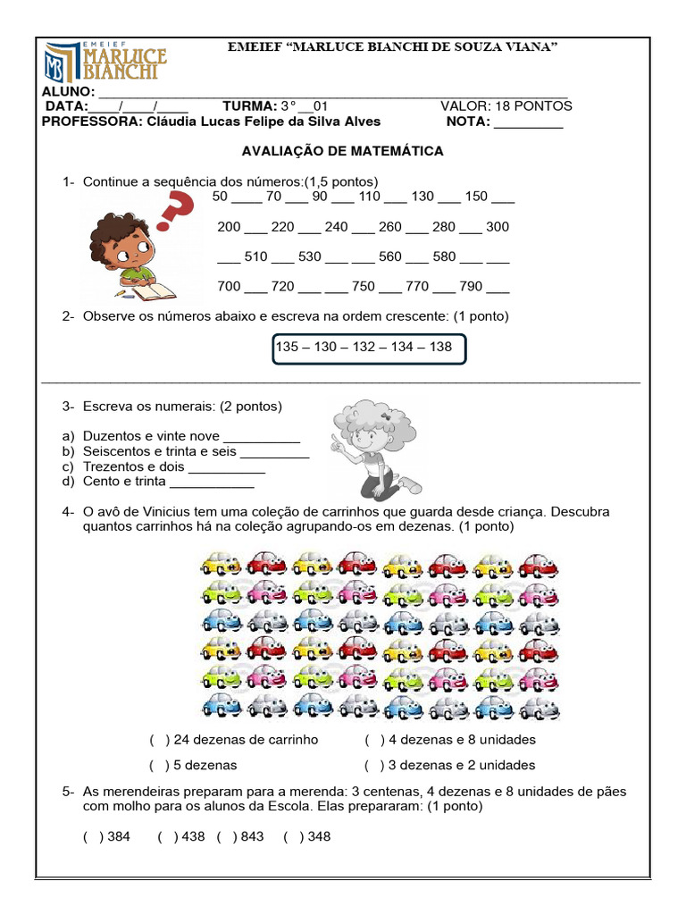Avaliação de Matemática 3º Ano | PDF