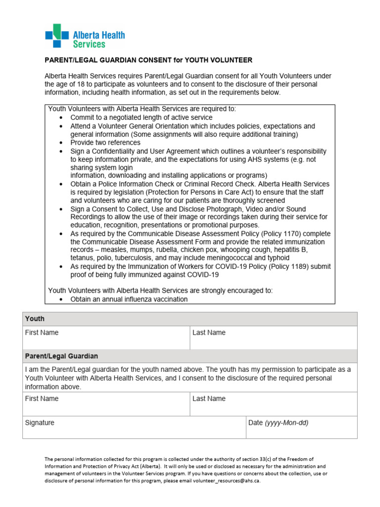 Youth Volunteer Consent Form AHS | PDF | Vaccination | Legal Guardian