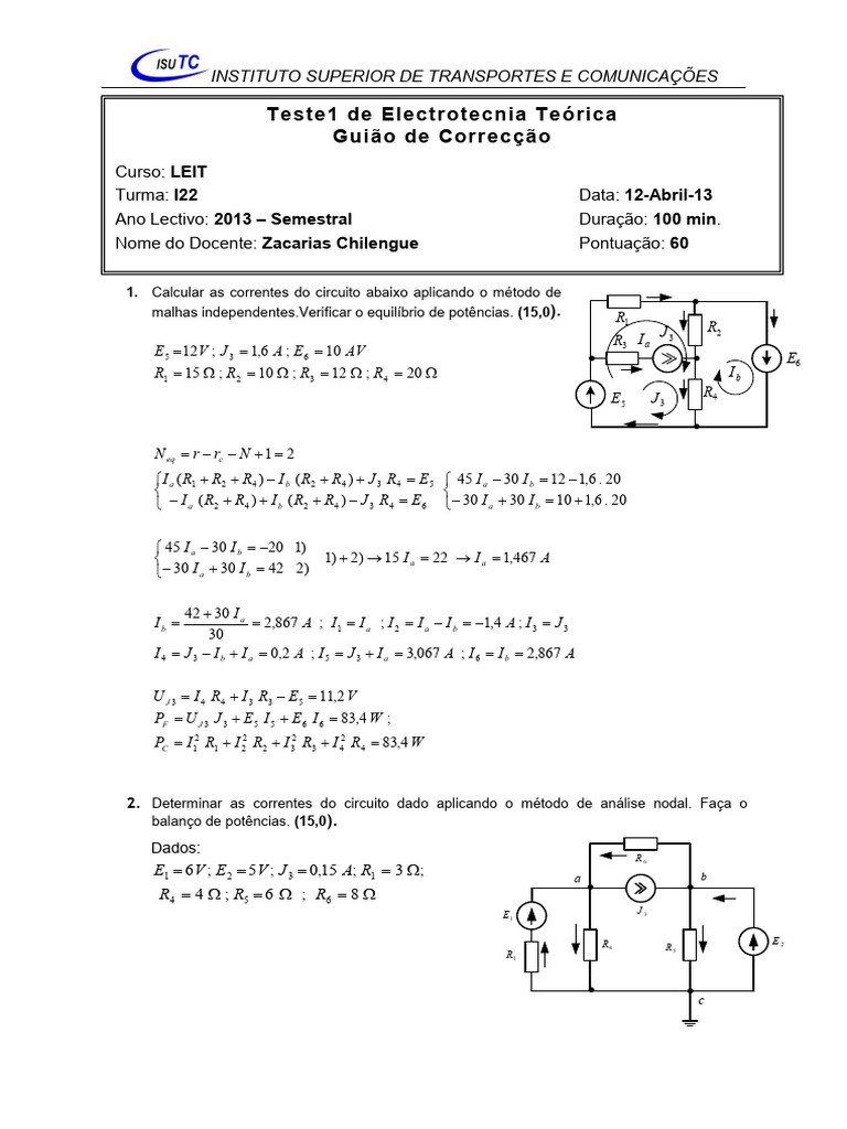 Correccao Do Teste 1 (2013 - I22) | PDF