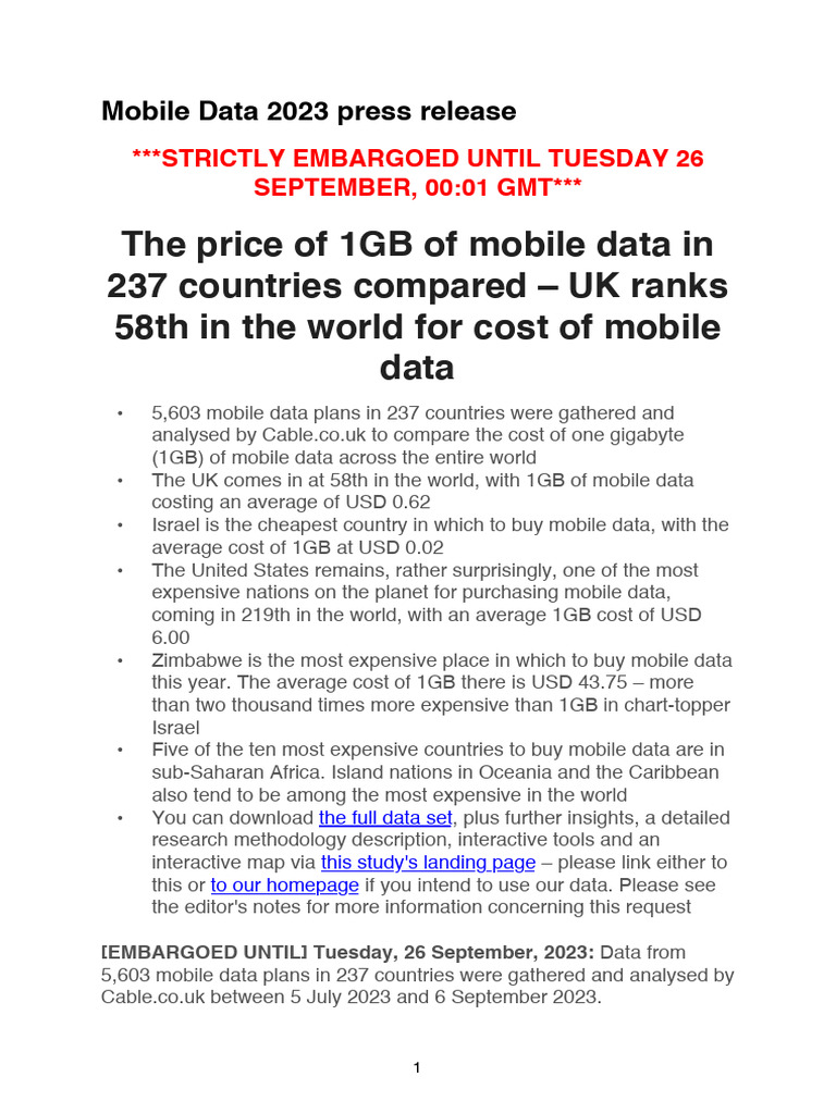 Worldwide Mobile Data Pricing Press Release | PDF | Mobile Broadband