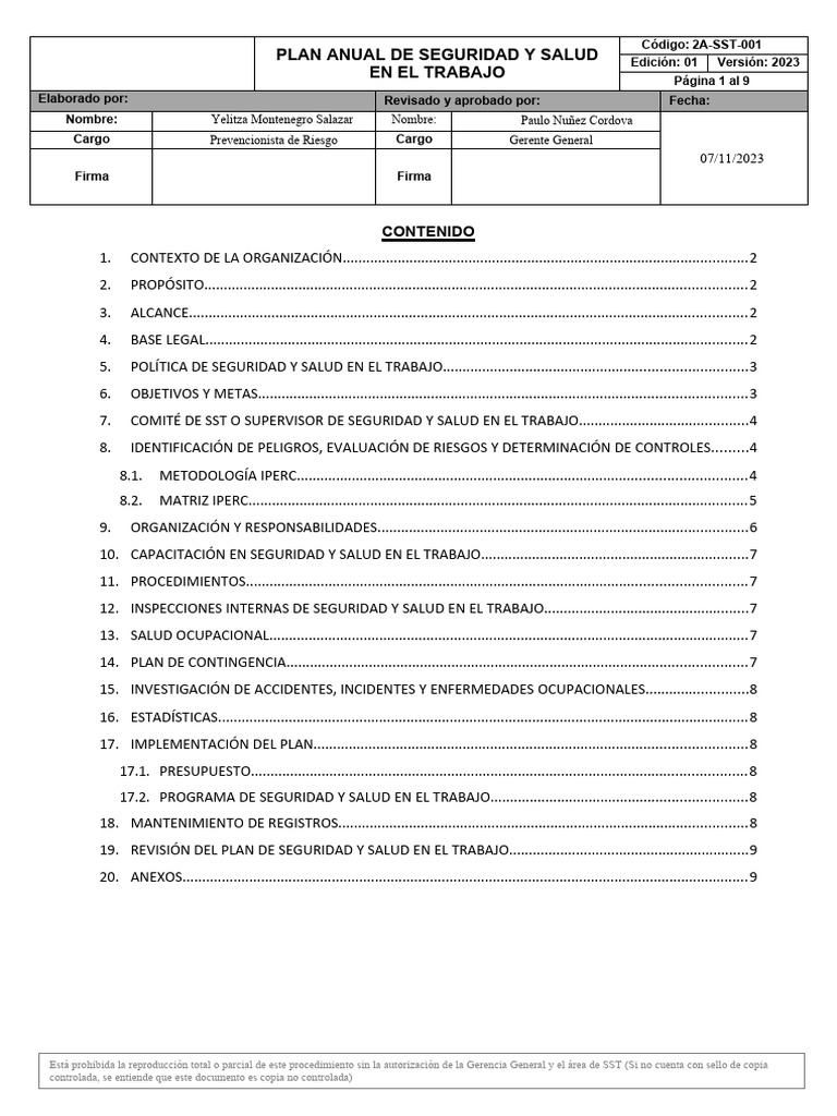 2A-SST-001 PLAN ANUAL DE SST.word | PDF | Riesgo | Ingeniería