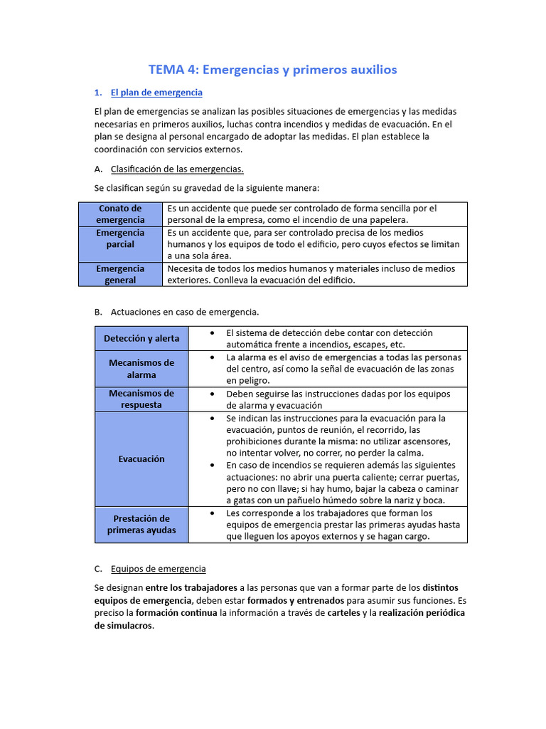 Plan de Emergencias y Primeros Auxilios | PDF | Primeros auxilios ...