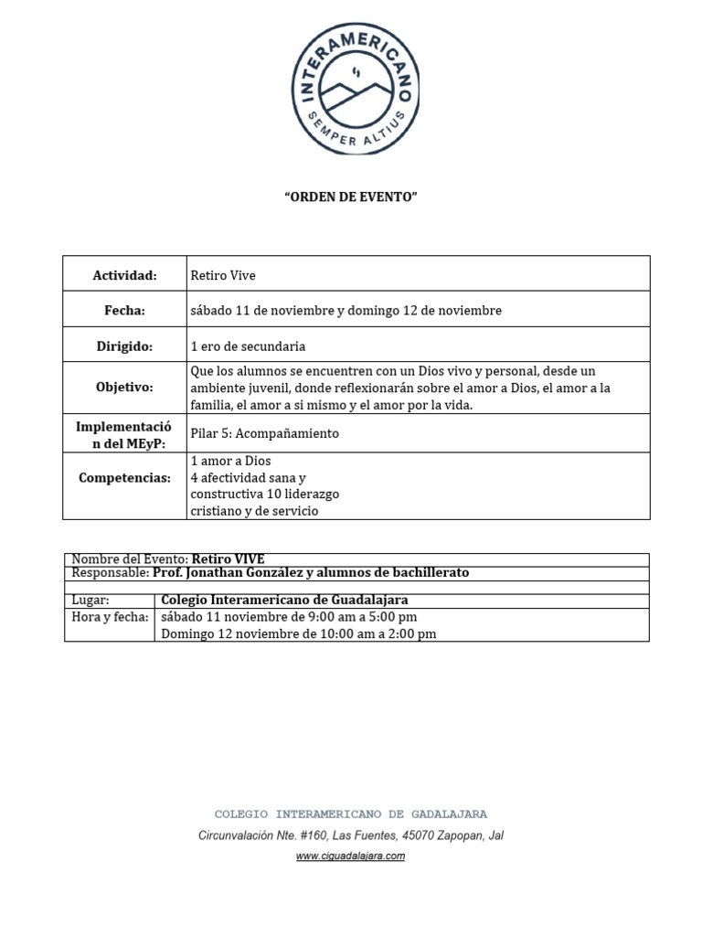 Orden de Evento VIVE | PDF