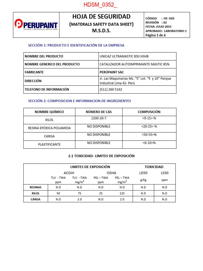 MSDS Catalizador Autoimprimante Mastic 85% | PDF