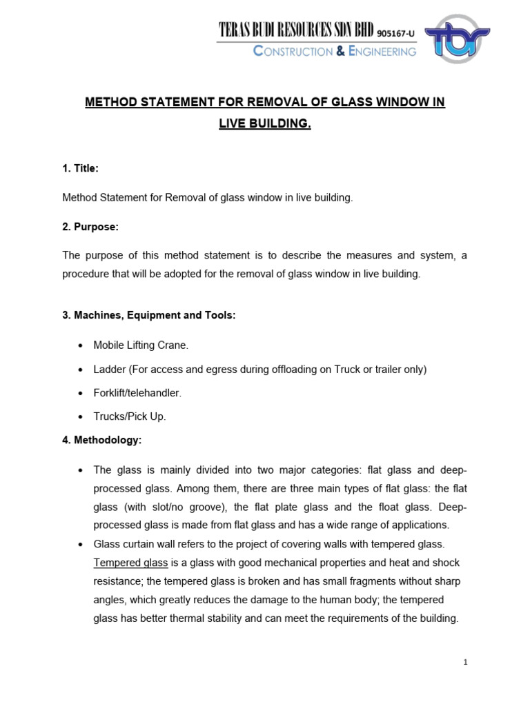 Glass Window Removal Method Statement | PDF | Glasses | Strength Of ...
