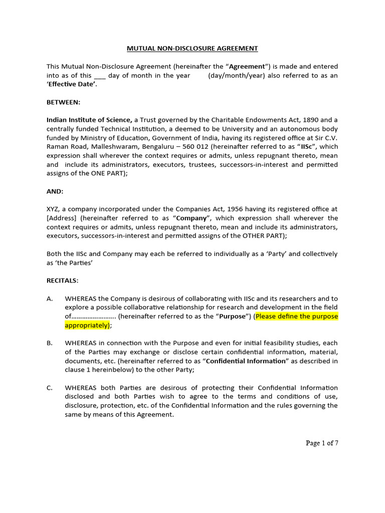Mutual non disclosure agreement download free pdf legal remedy