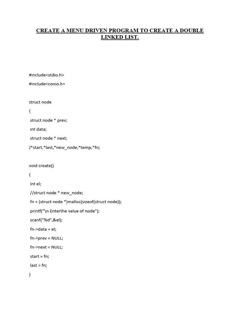 Create A Menu Driven Program To Create A Double Linked List Download